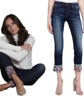 Driftwood Colette Floral Embroidered Cuff Crop Jeans Size 28